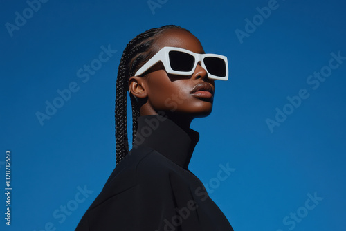 Fashion model wearing stylish sunglasses and posing against blue background