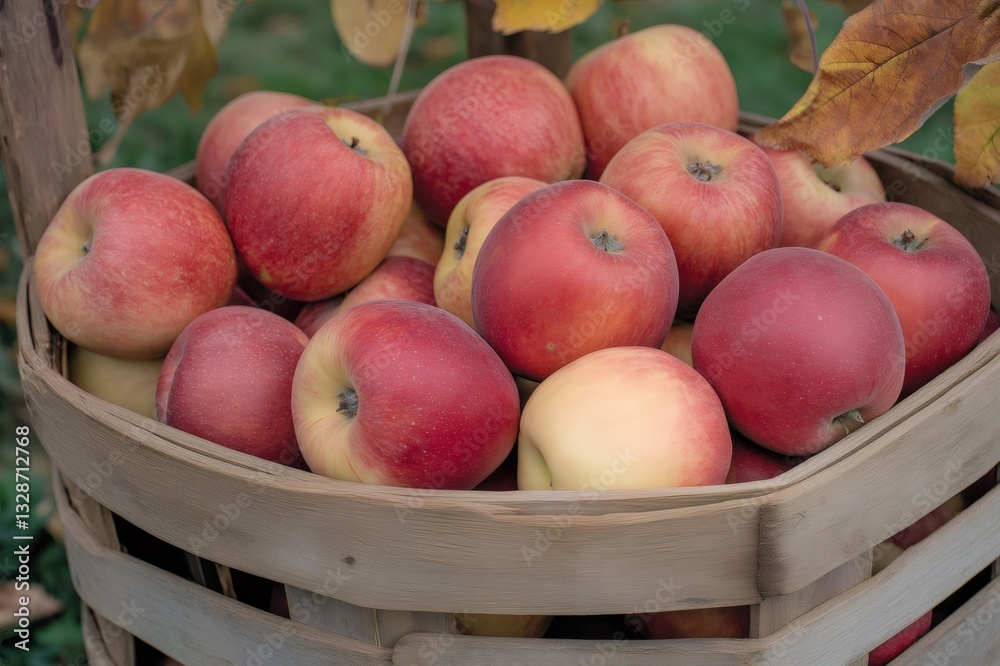 Wooden basket brimming with vibrant, freshly picked apples in a fall orchard, surrounded by autumn leaves and lush greenery Wooden basket brimming with vibrant, freshly picked apples in a fall orchard, surrounded by autumn leaves and lush greenery