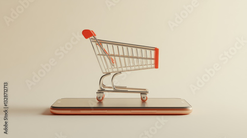 Modern shopping cart placed on smartphone, online shopping concept, e-commerce innovation, digital marketplace, retail industry technology, minimalistic design