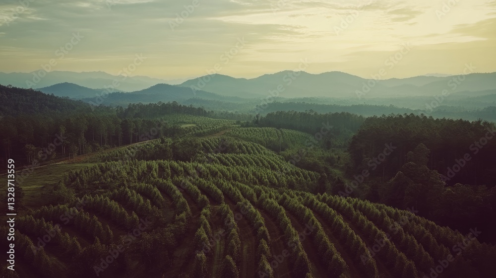 Fototapeta premium A bird's-eye view of a massive reforestation project with newly planted trees covering the landscape.