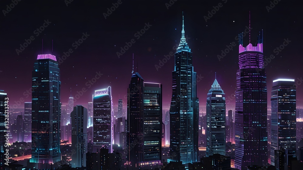 Fototapeta premium Nightscape of a Futuristic City: A mesmerizing view of a cityscape at night, featuring sleek, illuminated skyscrapers.