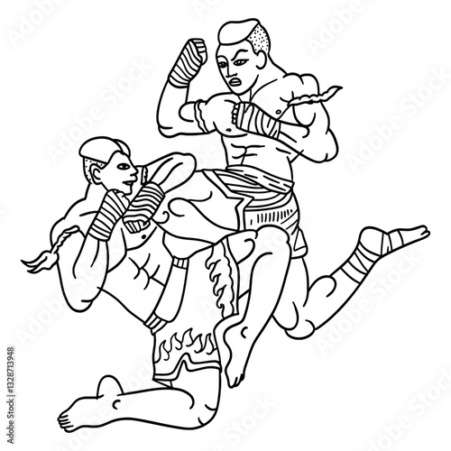 Line art illustration of Muay Thai fighters kicking and blocking. Perfect for martial arts, sports, and cultural themes. Vector.