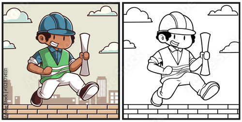 Worker with blue helmet character coloring page illustration