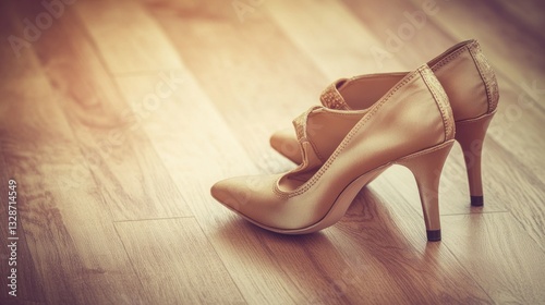 A pair of beige high heeled shoes resting on wooden floor photo