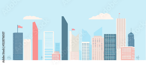 Vector Urban Cityscape Illustration with Modern Skyscrapers and Tall Buildings in Flat Style for Urban Development and Architectural Design Concepts
