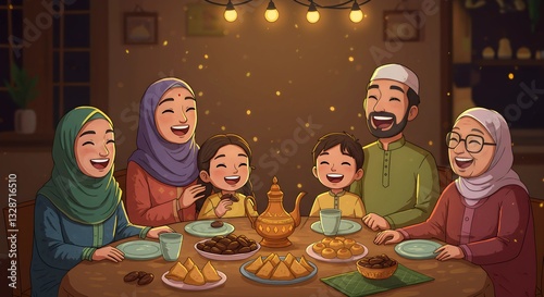 ilustration of muslim Family in Ramadhan and eid mubarak, happy, and smile photo