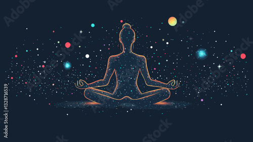 Cosmic Yogi in Lotus Pose Surrounded by Stars and Planets, Minimalist Abstract Vector Illustration of Meditation and Universe