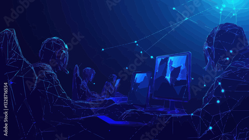 Cybersport Low Poly Wireframe Banner, Esports Competition Concept with Professional Gamers Team, Online Game Championship, 3D Mesh Design with Connected Dots, Flat Minimalist SVG Vector