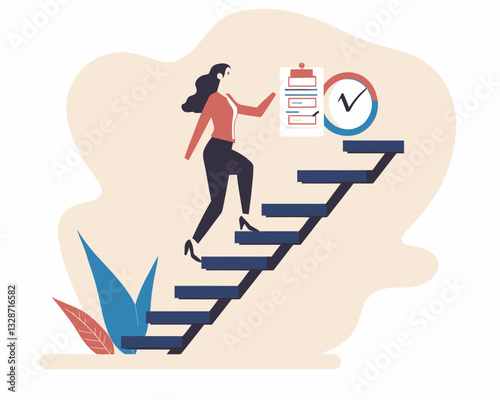 Businesswoman Climbing Stairs to Achieve Goals, Personal Development Plan, Career Success, Specialist Skills, Business Target, Flat Minimalist Vector Illustration
