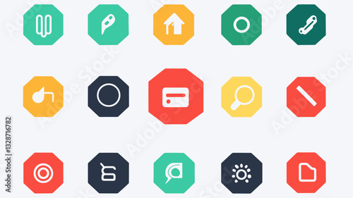 Flat UI Icon Collection with Various Symbols Vector Illustration, Colorful Modern Icons for Web and Mobile Design, Functional and Intuitive Stop Sign Shapes