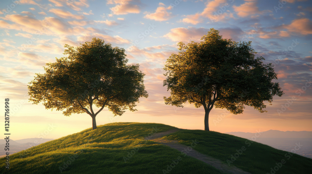 Fototapeta premium Two verdant trees rise on a grassy knoll as the sun sets, casting warm hues across the sky and creating a peaceful atmosphere in nature