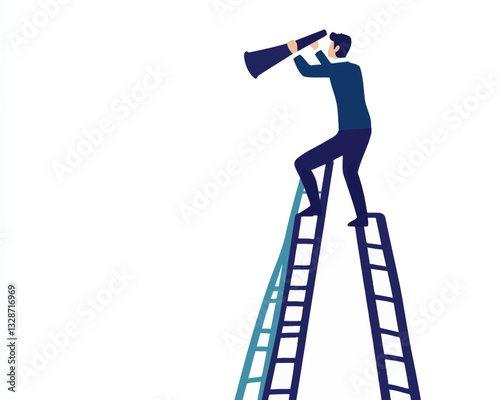 Businessman Climbing Ladder Searching for Success and New Opportunities with Telescope - Career Growth, Leadership, Visionary Concept - Minimalist Flat SVG Vector