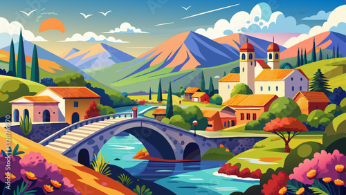 Stunning spring view of Old Mes Bridge. Gorgeous morning landscape of Shkoder. Colorful outdoor scene of Albania, Europe. Traveling concept background.