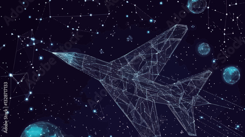 Abstract Origami Aircraft in Starry Space, Vector Wireframe of Planets and Stars, Minimalist SVG for Cosmic Exploration Concepts