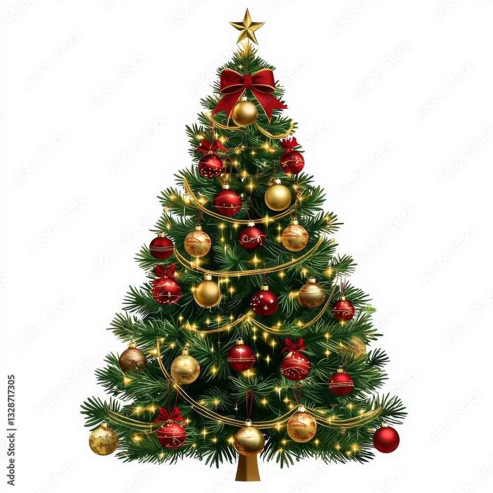 Festive Christmas Tree with Golden and Red Ornaments, Star Topper, and String Lights for Holiday Celebrations Festive Christmas Tree with Golden and Red Ornaments, Star Topper, and String Lights for Holiday Celebrations
