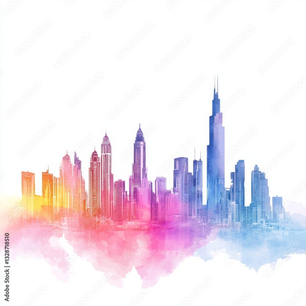 Obraz premium Colorful Abstract City Skyline with Tall Buildings and Gradient Hue for Artistic Background