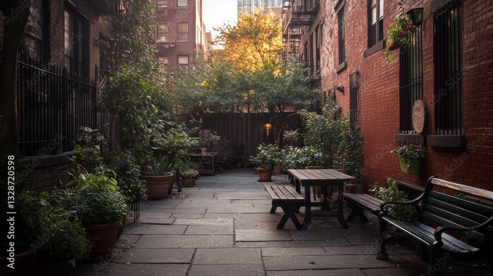 A tranquil courtyard scene with potted plants and seating furniture A tranquil courtyard scene with potted plants and seating furniture