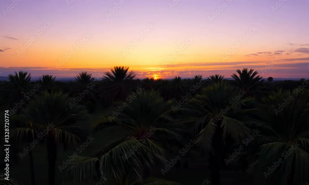 expansive view of sunset over palm trees in golden light expansive view of sunset over palm trees in golden light