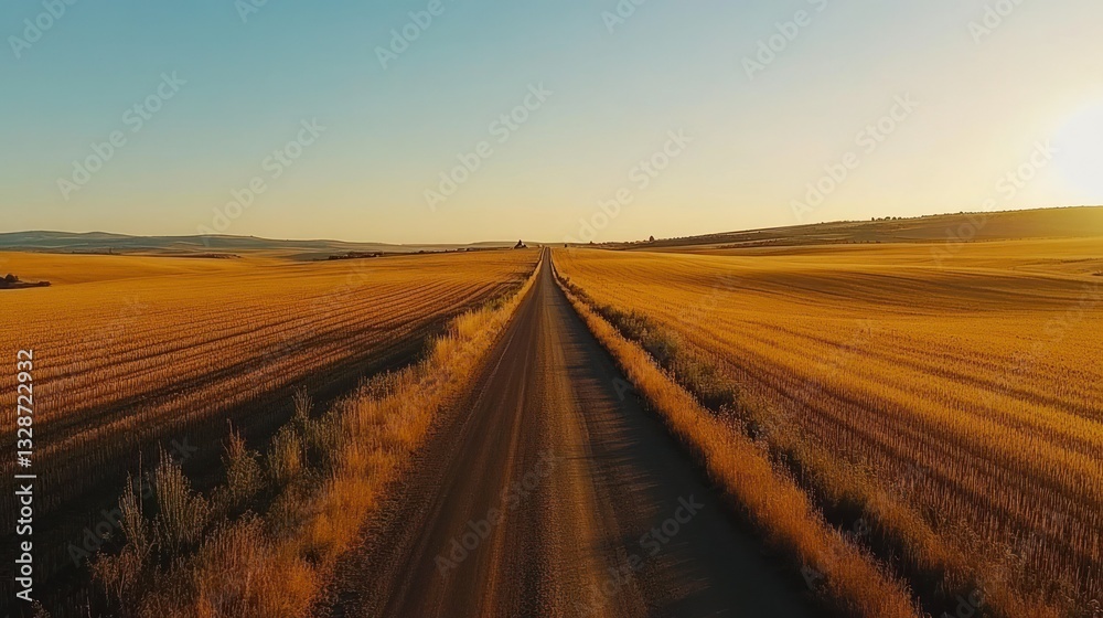 Naklejka premium A long straight road going through a golden wheat field