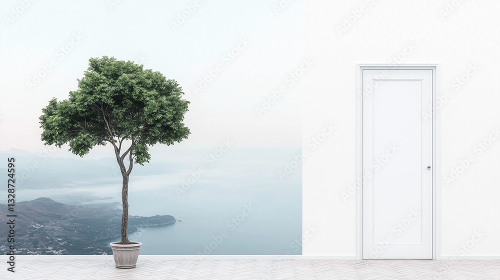 Obraz premium Minimalist Interior with Potted Plant and White Door, background
