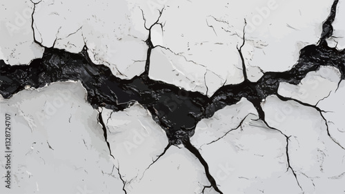 Close-up shot of a cracked surface. The surface is predominantly white with a network of deep, black cracks spreading across it. The cracks vary in width and depth, creating a complex pattern. The
