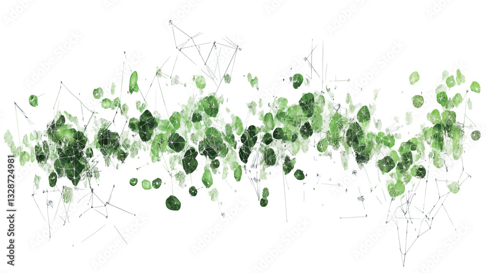 The image presents an abstract composition featuring a dispersion of green leaf-like shapes against a white background.  The leaves vary in size and shade of green, creating a sense of movement and