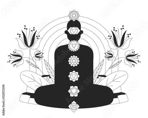 Chakras energy balance and spiritual alignment line illustration concept. Enlightenment yoga. Rainbow silhouette of meditating figure outline 2D character isolated. Ink linear drawing vector art