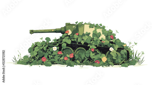 A digital illustration depicting a military tank almost entirely concealed by lush green vegetation and red strawberries. The tank is dark green, its details partially obscured by the plants. The