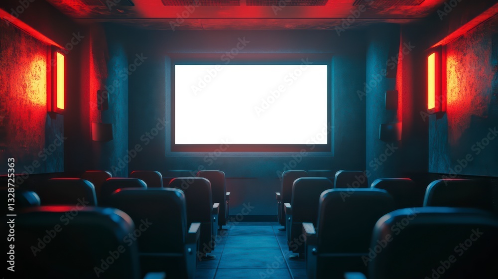 The Cinema Experience: An empty cinema with rows of comfortable seats facing a bright, blank screen, bathed in the atmospheric glow of red and blue lighting, awaiting the next cinematic adventure. The Cinema Experience: An empty cinema with rows of comfortable seats facing a bright, blank screen, bathed in the atmospheric glow of red and blue lighting, awaiting the next cinematic adventure.