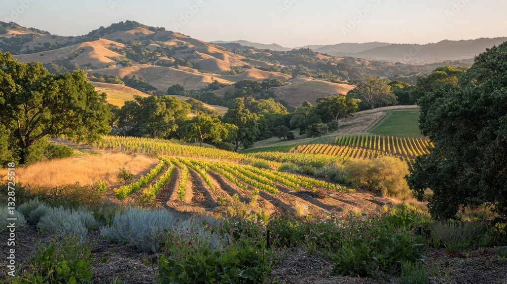 Obraz premium Golden Hour Sunlight Illuminates Rolling Hills with Vineyards and Oak Trees