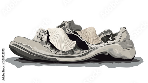 A digital illustration of a single, significantly worn-out shoe. The shoe is predominantly light grey/beige, with visible tears and damage revealing inner layers. The style is somewhat abstract,