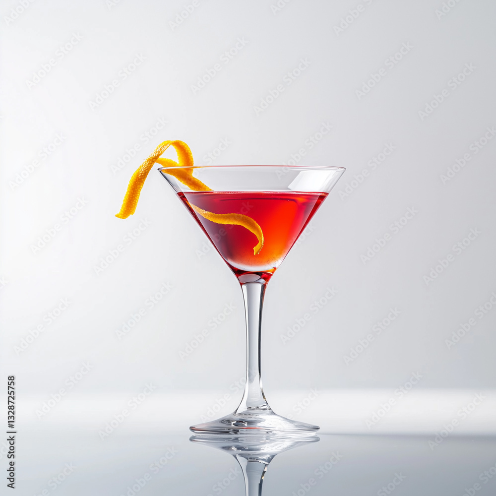 Cosmopolitan cocktail in a classic martini glass, vibrant pink-red liquid, garnished with a thin orange twist Cosmopolitan cocktail in a classic martini glass, vibrant pink-red liquid, garnished with a thin orange twist