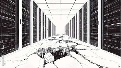 The image is a monochrome photograph depicting a long corridor in a server room.  The floor is heavily cracked and shows significant damage, with large fissures running across the frame.  The walls