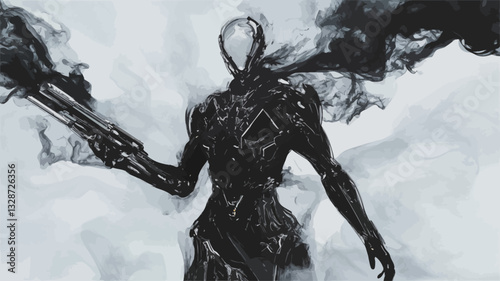 The image is a stylized monochrome illustration or painting depicting a humanoid figure.  The figure appears robotic or android-like, with smooth, defined lines and a lack of realistic detail. It