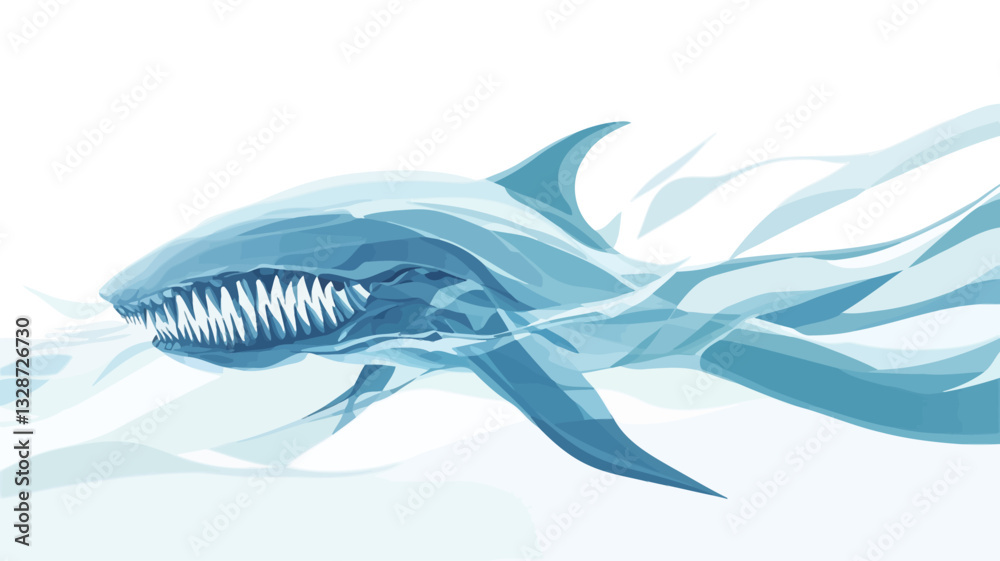Digital illustration of an abstract aquatic creature. The creature is predominantly blue and white, with a stylized, almost ethereal appearance. It has a shark-like head with prominent teeth, a Digital illustration of an abstract aquatic creature. The creature is predominantly blue and white, with a stylized, almost ethereal appearance. It has a shark-like head with prominent teeth, a