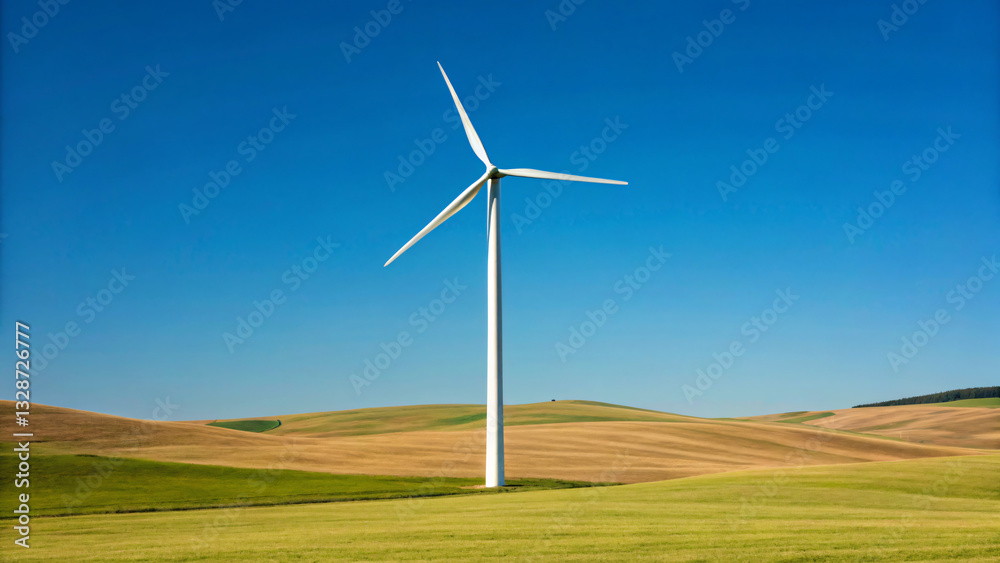 Wind Turbine Standing Tall in a Green Landscape Under a Clear Blue Sky Wind Turbine Standing Tall in a Green Landscape Under a Clear Blue Sky
