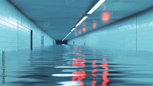 The image shows a long, narrow corridor with smooth, light teal walls and a highly reflective floor appearing wet or flooded.  Linear fluorescent lights are visible on the ceiling, casting a cool