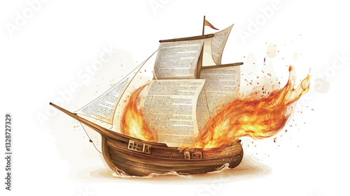 The image depicts a digital illustration of a wooden sailing ship engulfed in flames. The ship is detailed, showing sails, a hull, and masts. The flames are depicted realistically, with orange and
