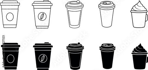 A versatile set of takeaway coffee cup icons, featuring different lid styles, coffee bean logos, and whipped cream toppings. Designed in both outline and filled styles, perfect for cafés, branding.