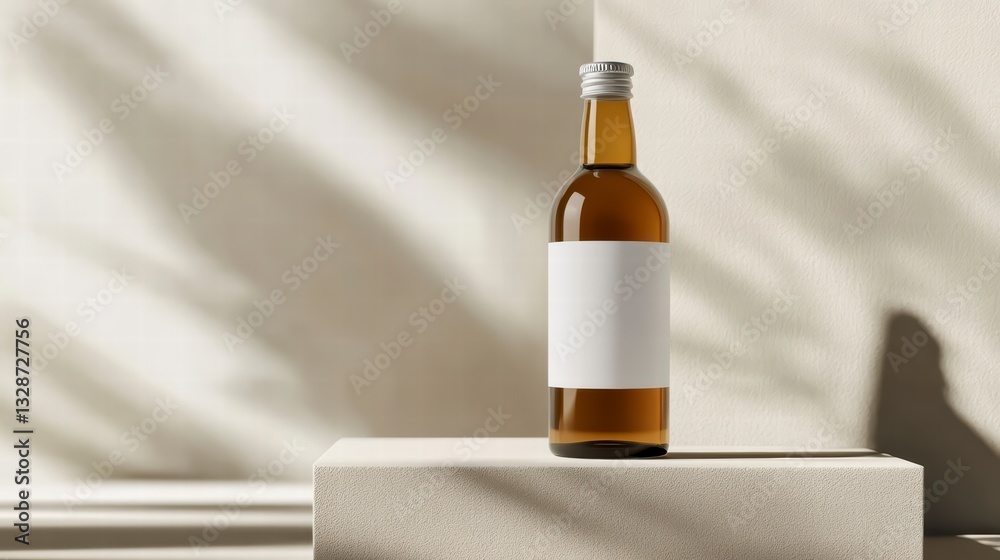 Elegant Amber Bottle Mockup: A sleek, amber-colored bottle with a blank label stands on a minimalist, textured platform, elegantly lit with natural shadows. Elegant Amber Bottle Mockup: A sleek, amber-colored bottle with a blank label stands on a minimalist, textured platform, elegantly lit with natural shadows.