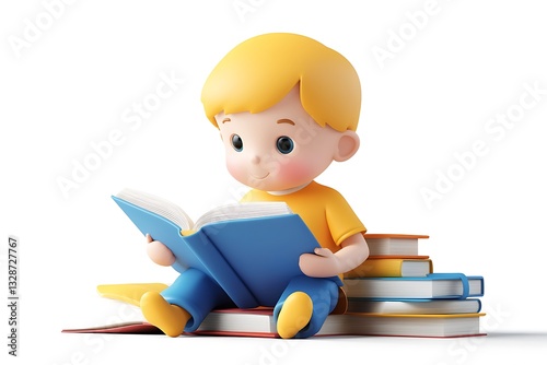 3D School Icon of a Child Reading a Book. photo