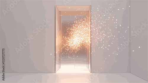 The image depicts a minimalist interior space featuring white walls and a doorway leading to another room.  A light installation is the focal point, consisting of numerous small, bright particles