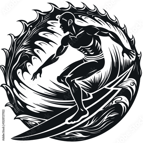 silhouette of the surfer on an ocean wave in style grunge