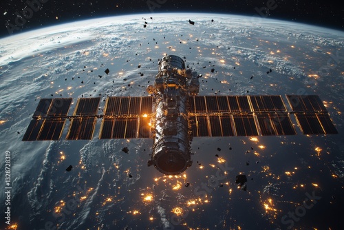 Satellite Amidst Space Debris Orbiting Earth: A Stark Reminder of Pollution's Reach Beyond Our Atmosphere, Highlighting Orbital Congestion and the Risk to Space Exploration.
