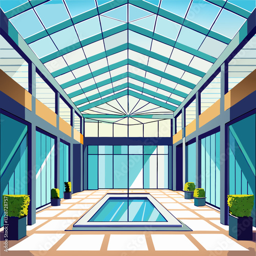 high ceiling atrium with floor to ceiling glass