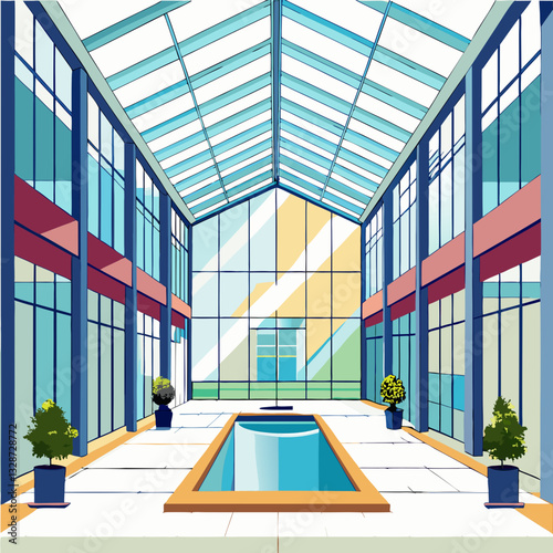 high ceiling atrium with floor to ceiling glass