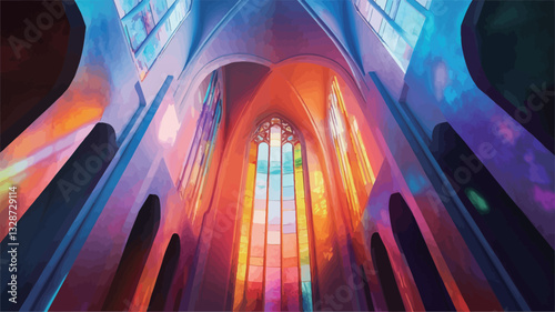 Low-angle, close-up shot of a church interior. The image focuses on the dramatic lighting effect created by stained glass windows.  The vibrant colors of the stained glass cast colorful light