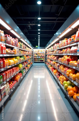 Supermarket aisle with fully stocked shelves. Shopping, consumerism, and grocery retail. Defocus.