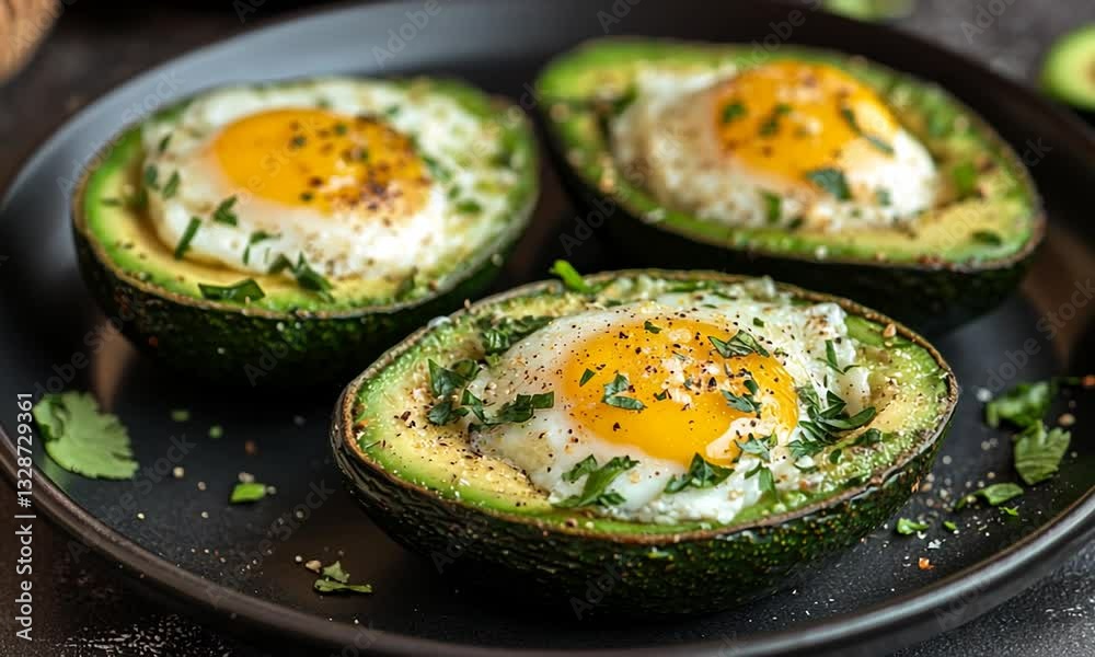 Deliciously baked avocado halves with eggs, garnished with herbs, on a black plate, in a cozy kitchen Deliciously baked avocado halves with eggs, garnished with herbs, on a black plate, in a cozy kitchen