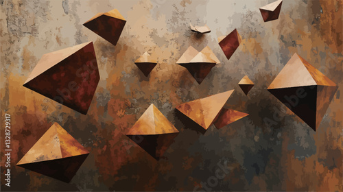 The image shows numerous geometric shapes, primarily pyramids and triangles, rendered in metallic tones ranging from dark brown to burnt orange. The shapes appear to be floating against a rough,